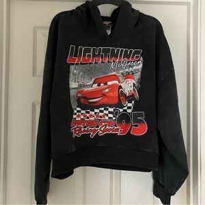 DISNEY PIXAR Cars Lightning McQueen Piston Cup Washed Black Cropped Hoodie NWT